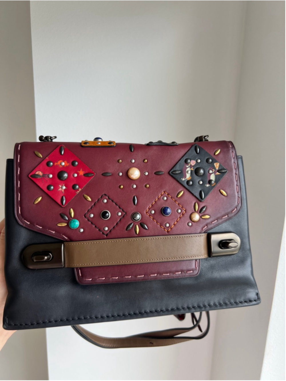 COACH 1941 SWAGGER EMBELLISHED PATCHWORK PRAIRIE RIVETS CHAIN XBODY BAG 25836